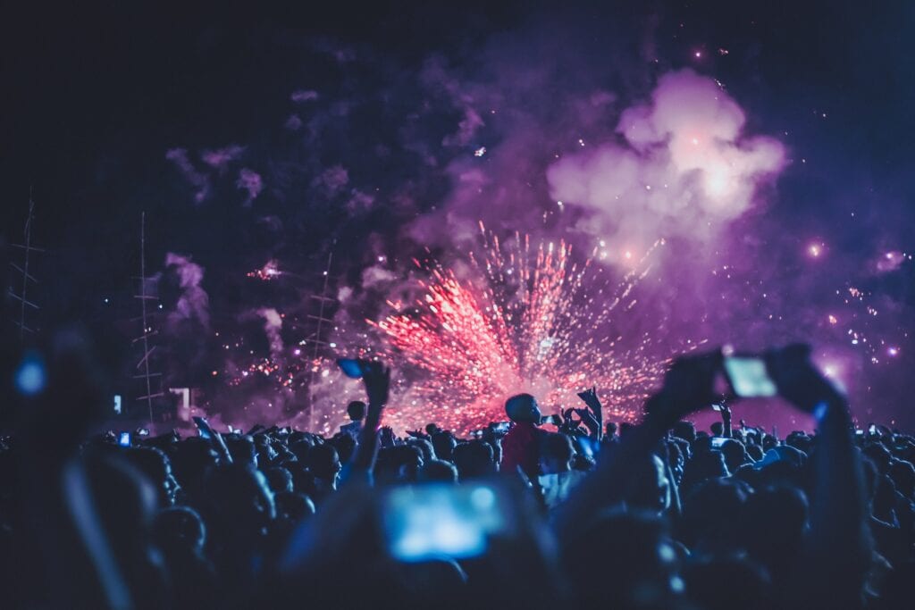 Group of people watching the midnight fireworks show in Lisbon New Year's Eve