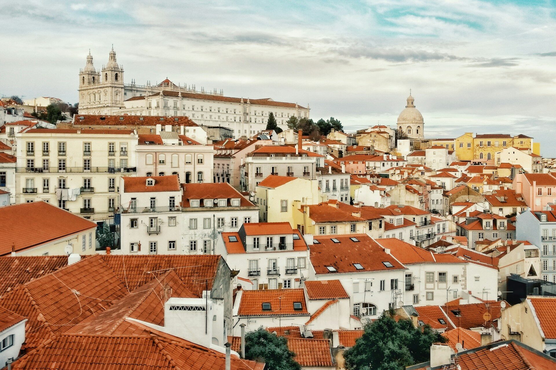 View over the tiled rooftops and narrow streets of Alfama Lisbon