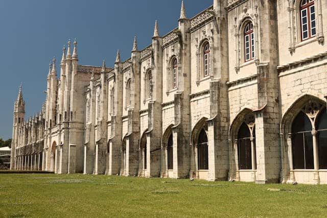 Front view of the Jeronimos Monastery Lisbon with detailed stone facade