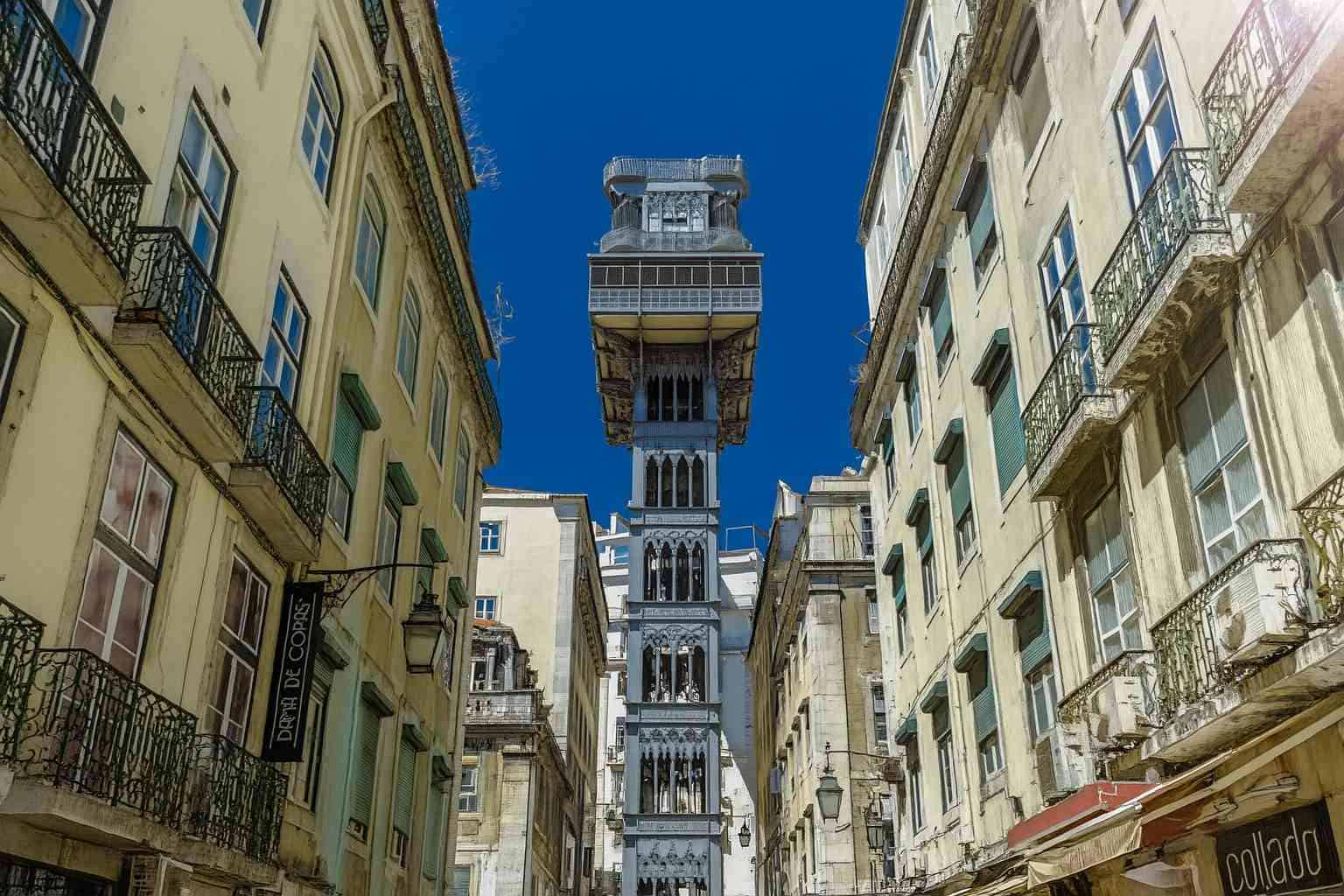 Santa Justa Lift in between buildings of Lisbon